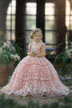 BMbride Princess Pink A-line Cap Sleeves Lace Flower Girls Dress BMbride