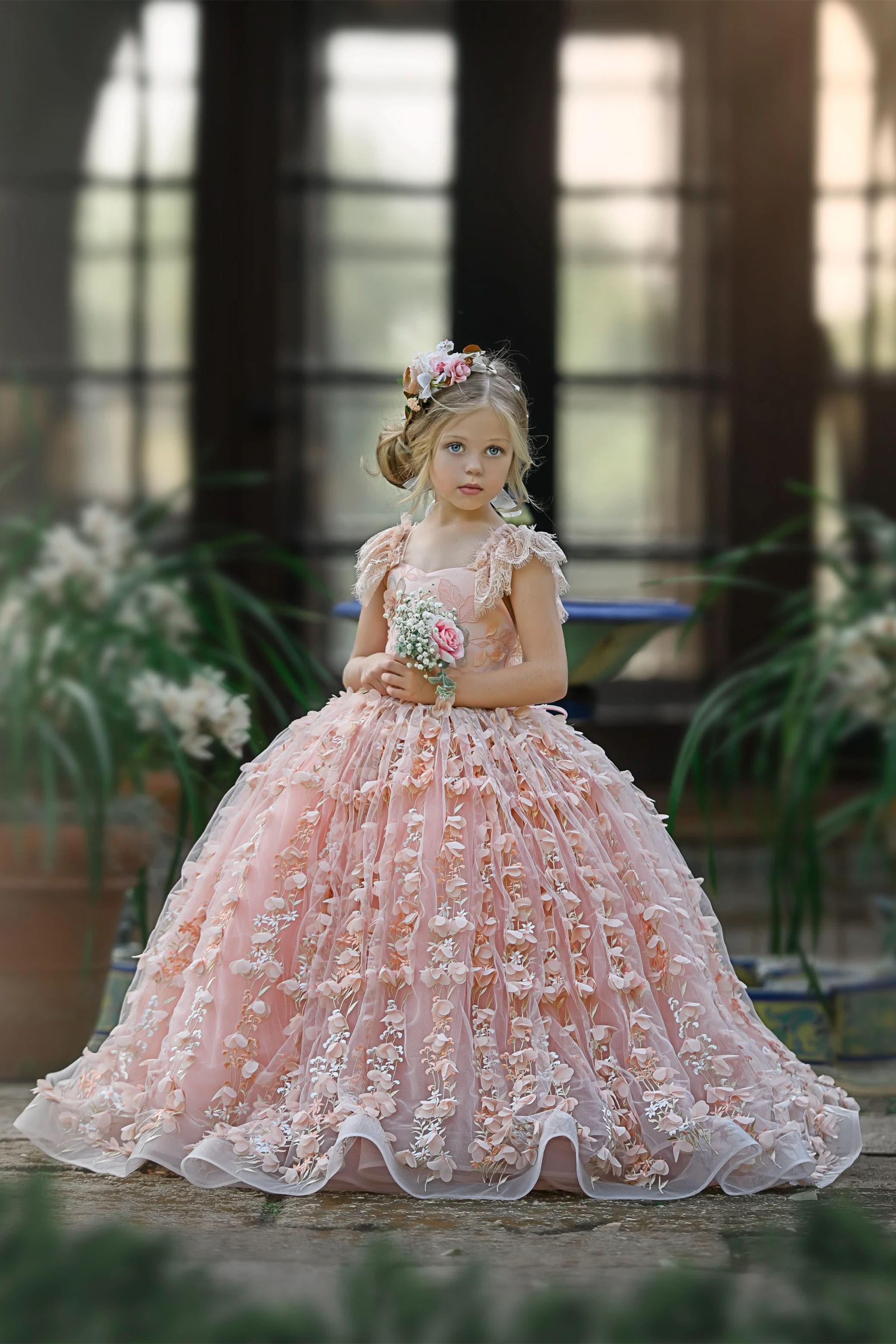 BMbride Princess Pink A-line Cap Sleeves Lace Flower Girls Dress BMbride