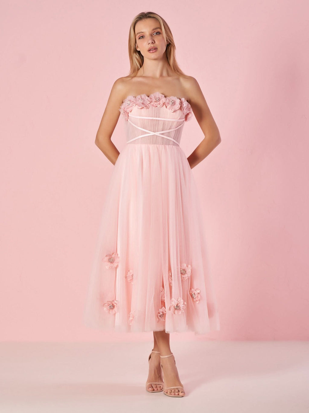 Delightful Light Pink Princess Strapless Prom Dress with Flowers BM bride