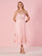 Delightful Light Pink Princess Strapless Prom Dress with Flowers BM bride