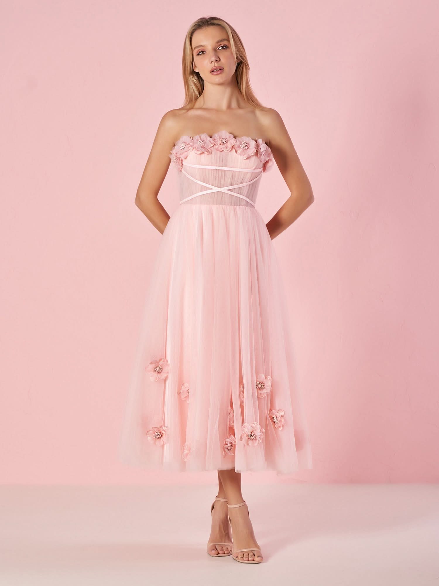 Delightful Light Pink Princess Strapless Prom Dress with Flowers BM bride