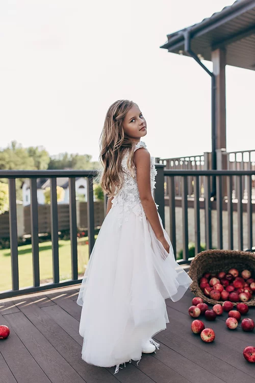 BMbride Princess White A-line Sleeveless Lace Flower Girls Dress BMbride