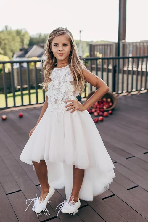 BMbride Princess White A-line Sleeveless Lace Flower Girls Dress BMbride