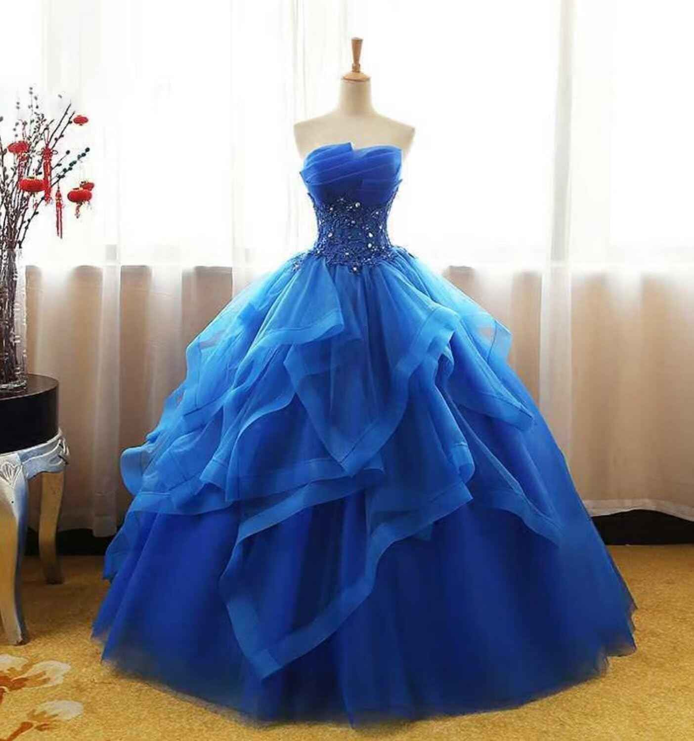 Prom Dress Long Ruffles Ball Gown Quinceanera Dresses Strapless Lace Tulle Beaded Princess Evening Dress - Bmbride