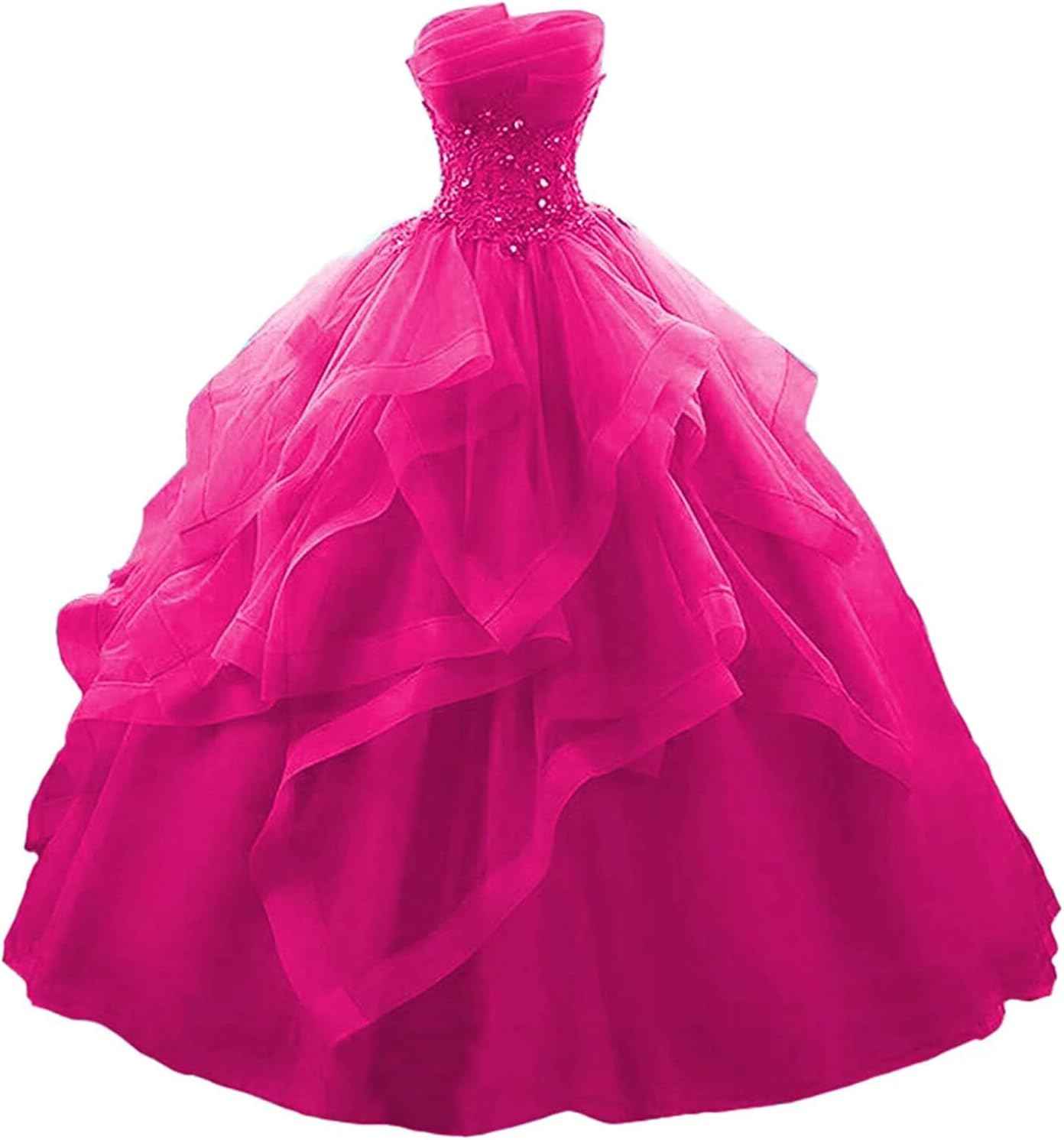 Prom Dress Long Ruffles Ball Gown Quinceanera Dresses Strapless Lace Tulle Beaded Princess Evening Dress - Bmbride