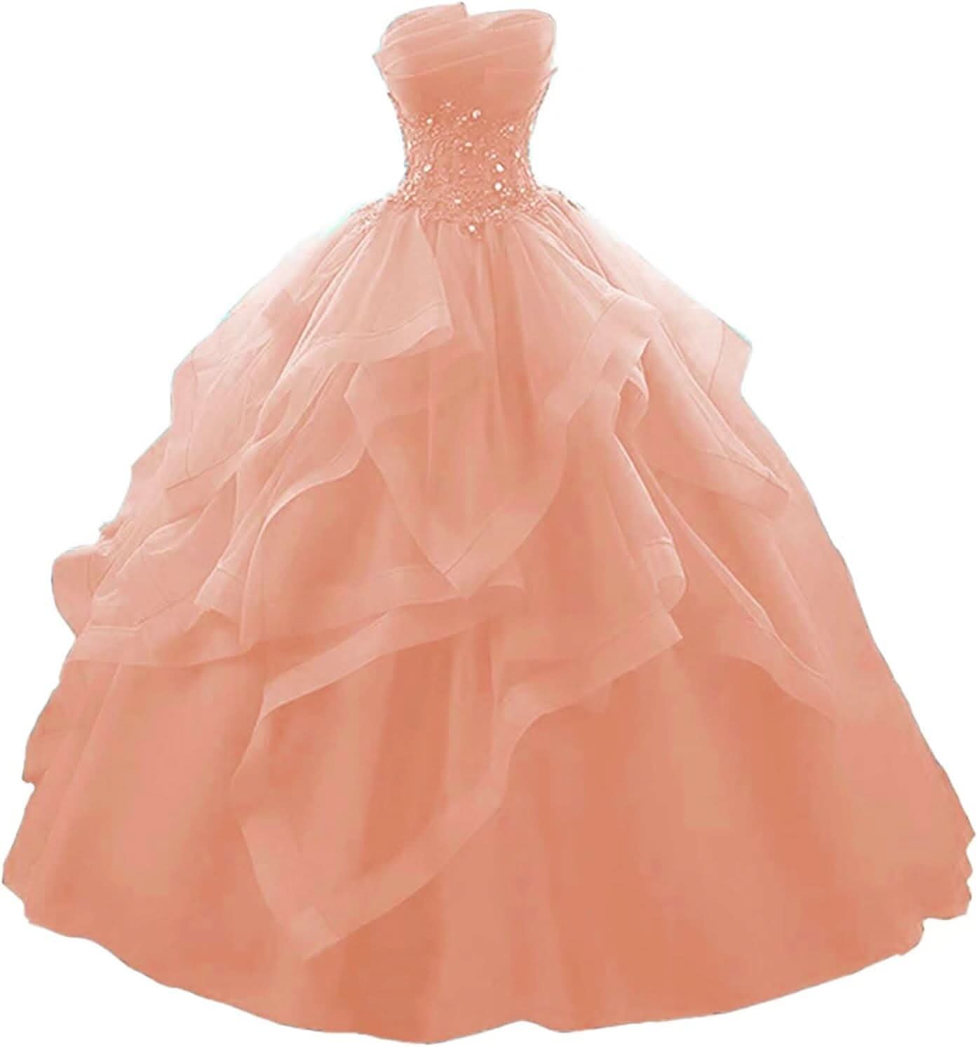 Prom Dress Long Ruffles Ball Gown Quinceanera Dresses Strapless Lace Tulle Beaded Princess Evening Dress - Bmbride