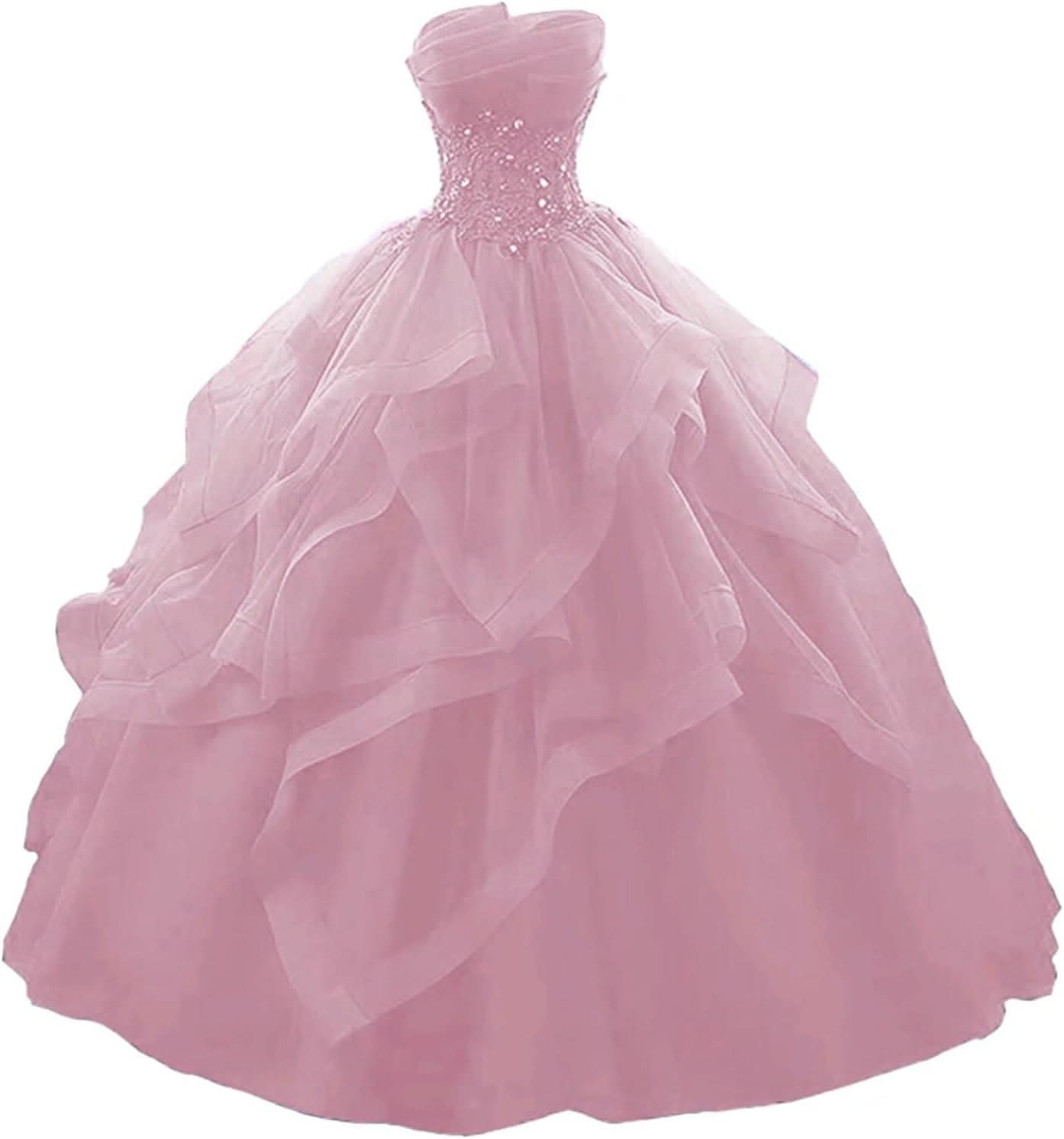 Prom Dress Long Ruffles Ball Gown Quinceanera Dresses Strapless Lace Tulle Beaded Princess Evening Dress - Bmbride