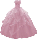 Prom Dress Long Ruffles Ball Gown Quinceanera Dresses Strapless Lace Tulle Beaded Princess Evening Dress - Bmbride