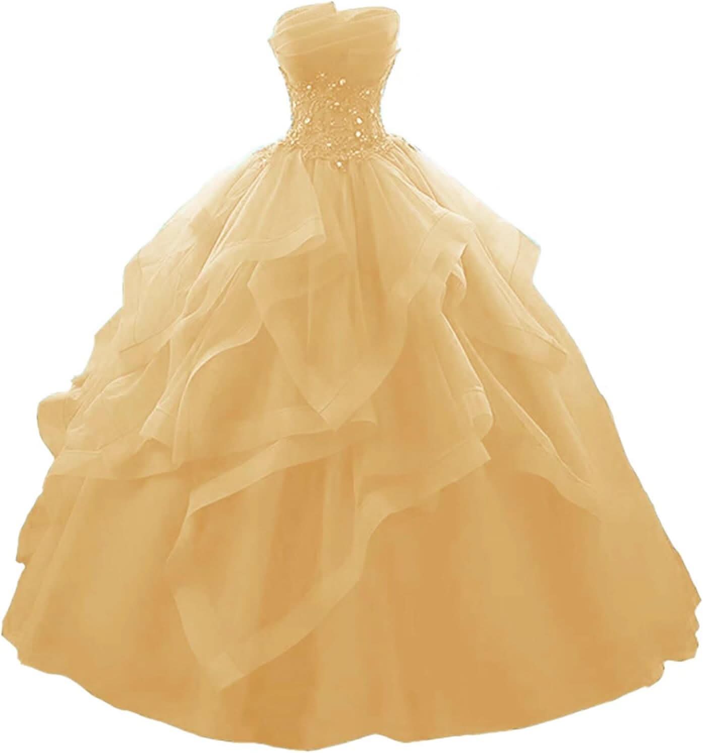 Prom Dress Long Ruffles Ball Gown Quinceanera Dresses Strapless Lace Tulle Beaded Princess Evening Dress - Bmbride