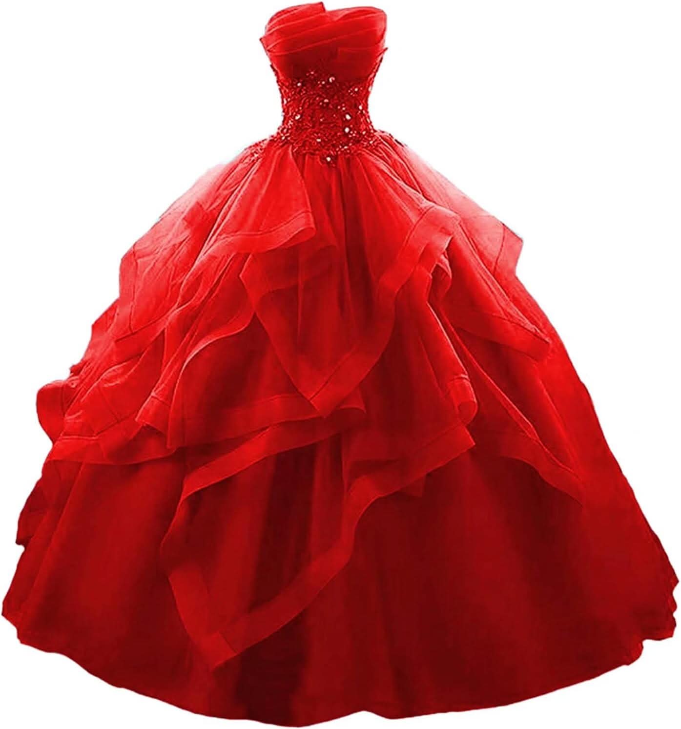 Prom Dress Long Ruffles Ball Gown Quinceanera Dresses Strapless Lace Tulle Beaded Princess Evening Dress - Bmbride