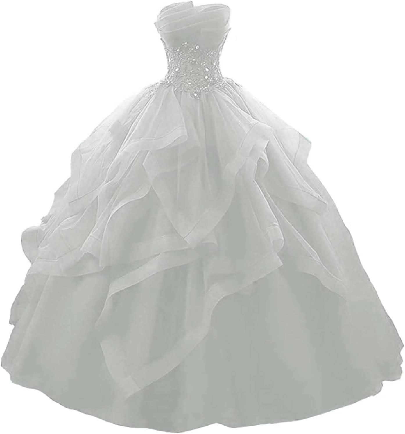 Prom Dress Long Ruffles Ball Gown Quinceanera Dresses Strapless Lace Tulle Beaded Princess Evening Dress - Bmbride