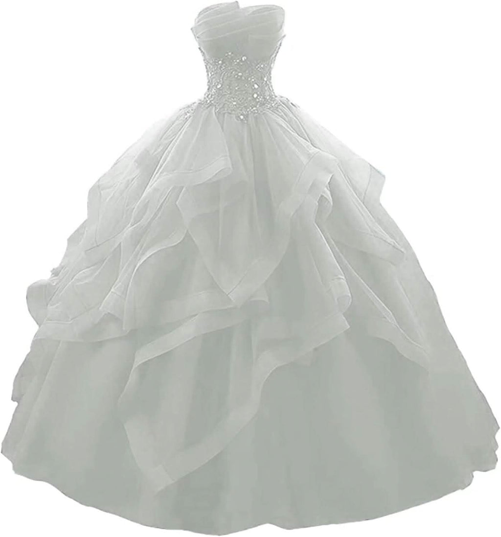 Prom Dress Long Ruffles Ball Gown Quinceanera Dresses Strapless Lace Tulle Beaded Princess Evening Dress - Bmbride
