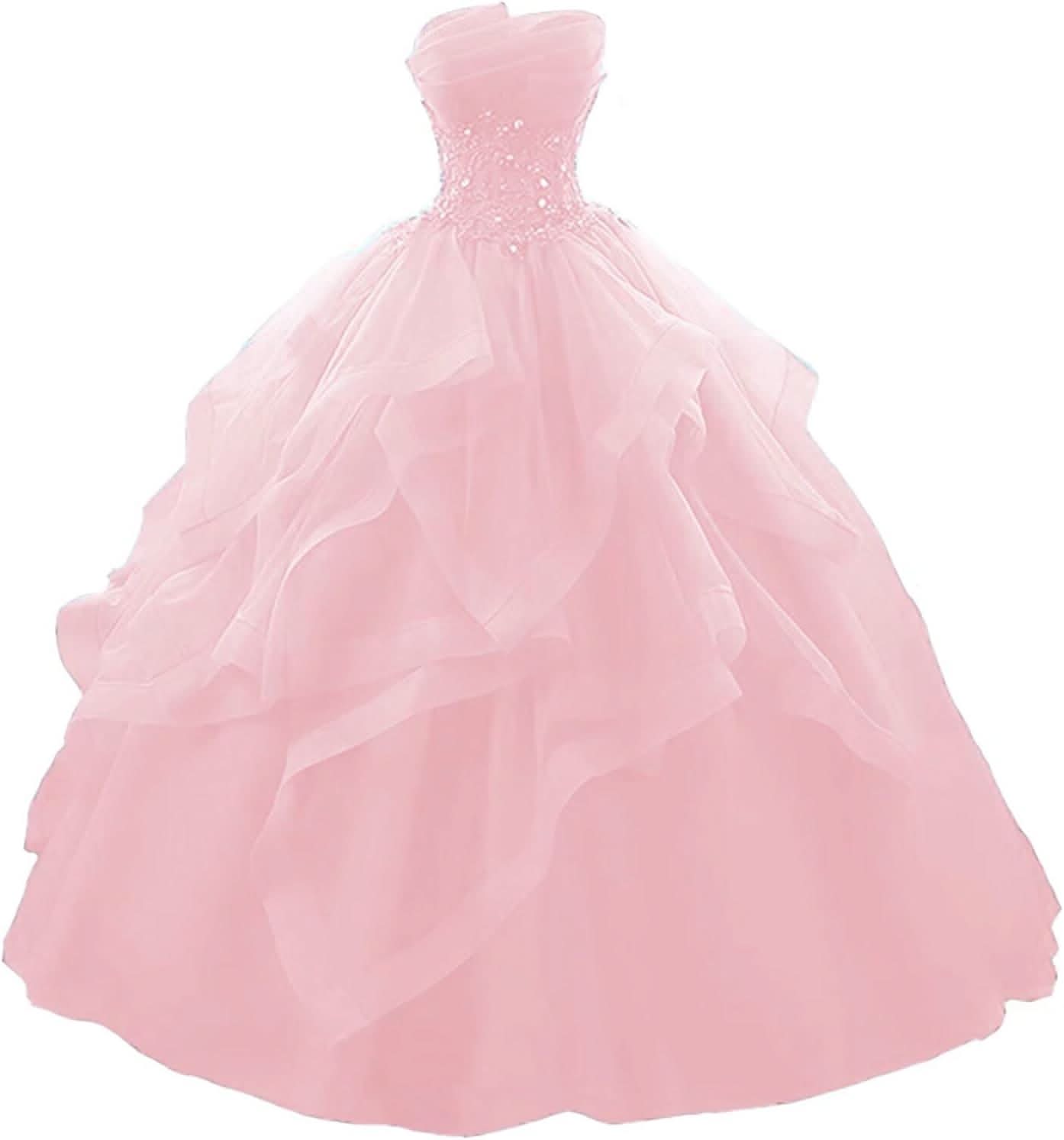 Prom Dress Long Ruffles Ball Gown Quinceanera Dresses Strapless Lace Tulle Beaded Princess Evening Dress - Bmbride