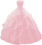 Prom Dress Long Ruffles Ball Gown Quinceanera Dresses Strapless Lace Tulle Beaded Princess Evening Dress - Bmbride