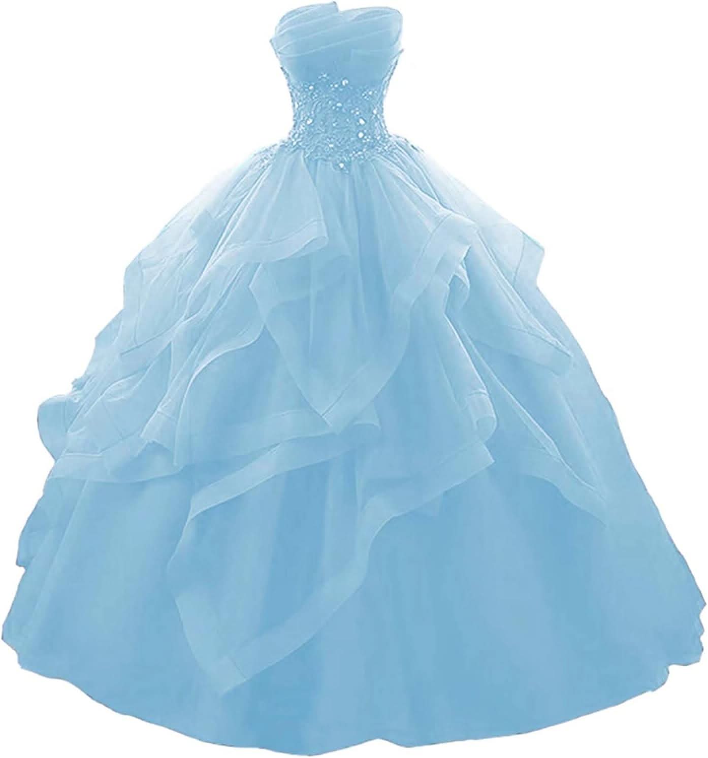 Prom Dress Long Ruffles Ball Gown Quinceanera Dresses Strapless Lace Tulle Beaded Princess Evening Dress - Bmbride