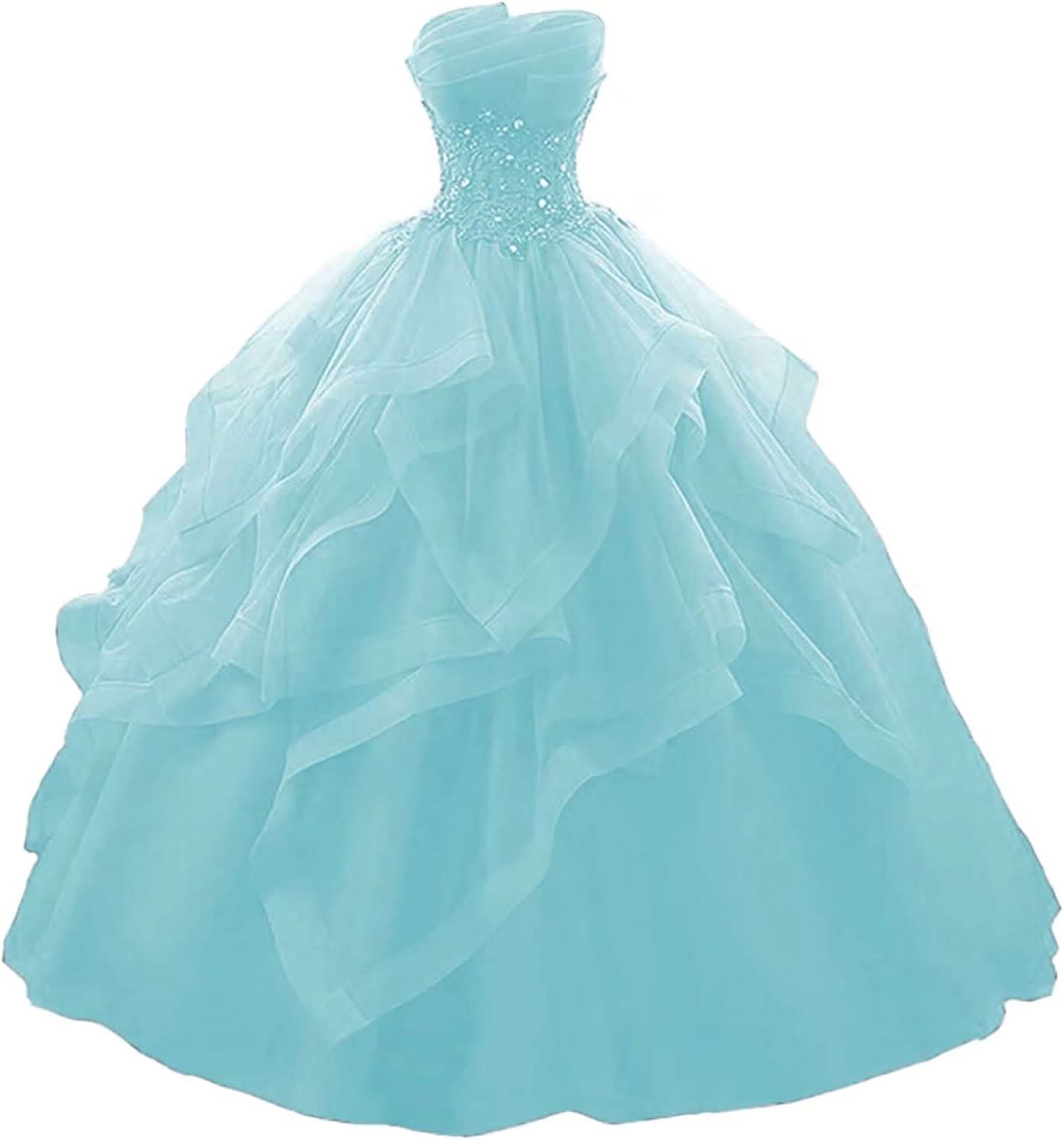 Prom Dress Long Ruffles Ball Gown Quinceanera Dresses Strapless Lace Tulle Beaded Princess Evening Dress - Bmbride