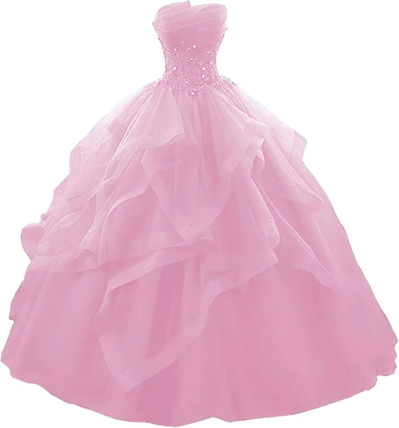 Prom Dress Long Ruffles Ball Gown Quinceanera Dresses Strapless Lace Tulle Beaded Princess Evening Dress - Bmbride