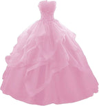 Prom Dress Long Ruffles Ball Gown Quinceanera Dresses Strapless Lace Tulle Beaded Princess Evening Dress - Bmbride