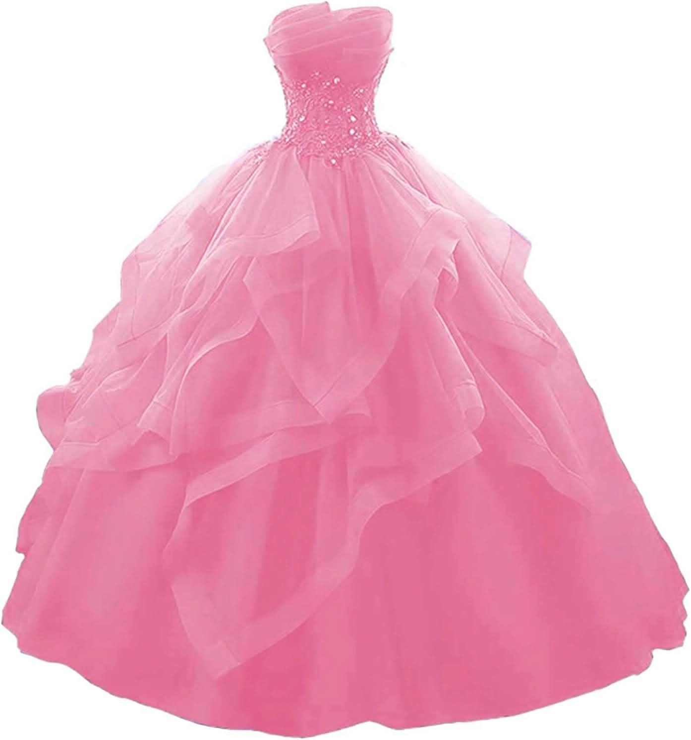 Prom Dress Long Ruffles Ball Gown Quinceanera Dresses Strapless Lace Tulle Beaded Princess Evening Dress - Bmbride