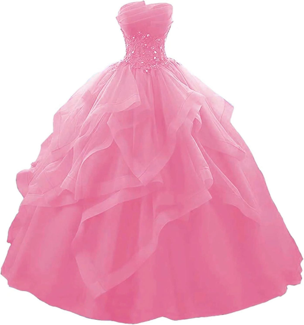 Prom Dress Long Ruffles Ball Gown Quinceanera Dresses Strapless Lace Tulle Beaded Princess Evening Dress - Bmbride