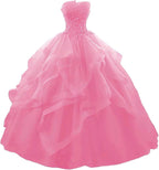 Prom Dress Long Ruffles Ball Gown Quinceanera Dresses Strapless Lace Tulle Beaded Princess Evening Dress - Bmbride