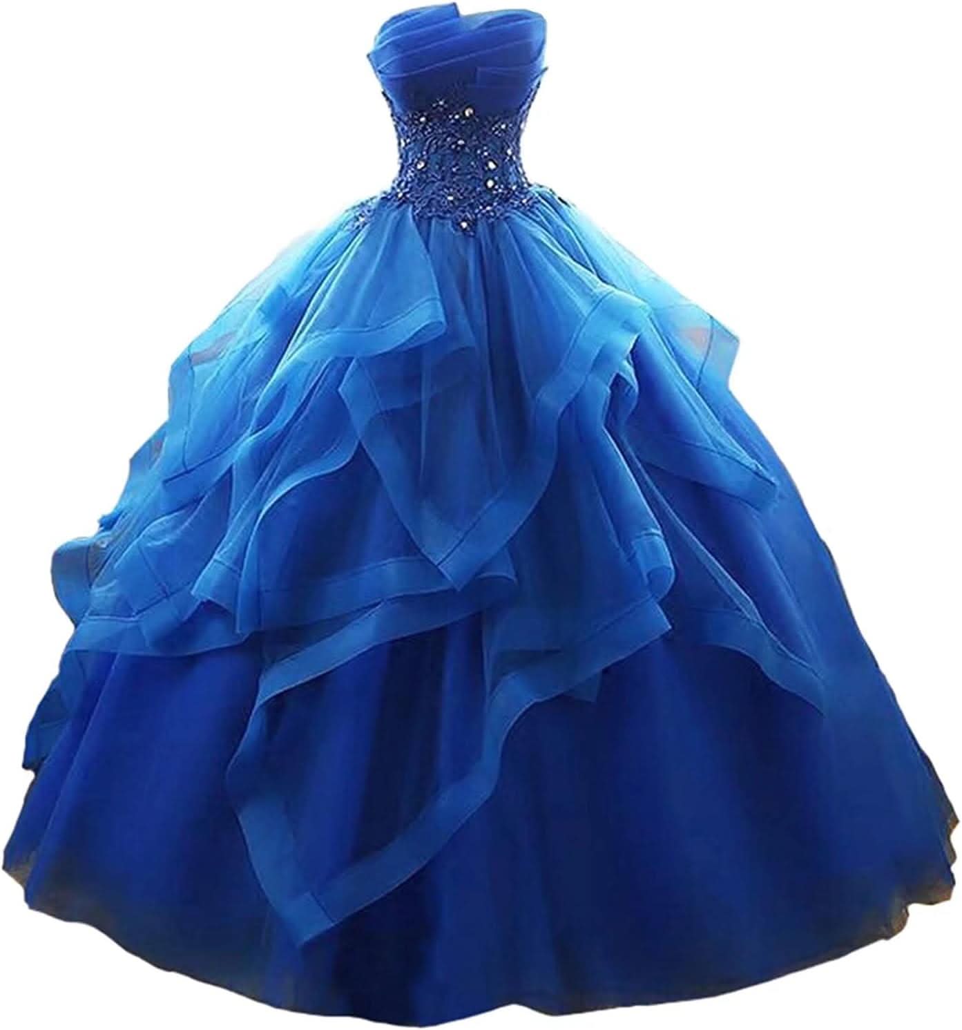 Prom Dress Long Ruffles Ball Gown Quinceanera Dresses Strapless Lace Tulle Beaded Princess Evening Dress - Bmbride