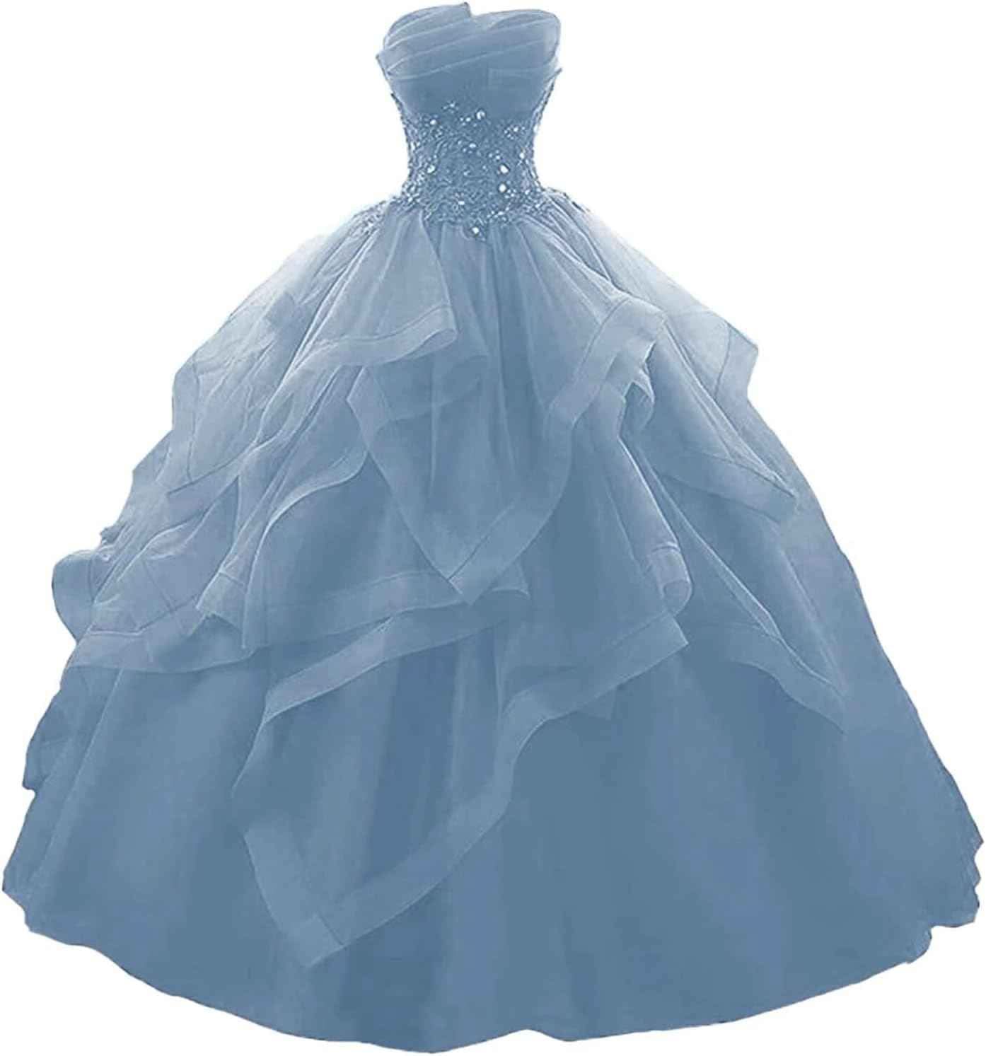Prom Dress Long Ruffles Ball Gown Quinceanera Dresses Strapless Lace Tulle Beaded Princess Evening Dress - Bmbride