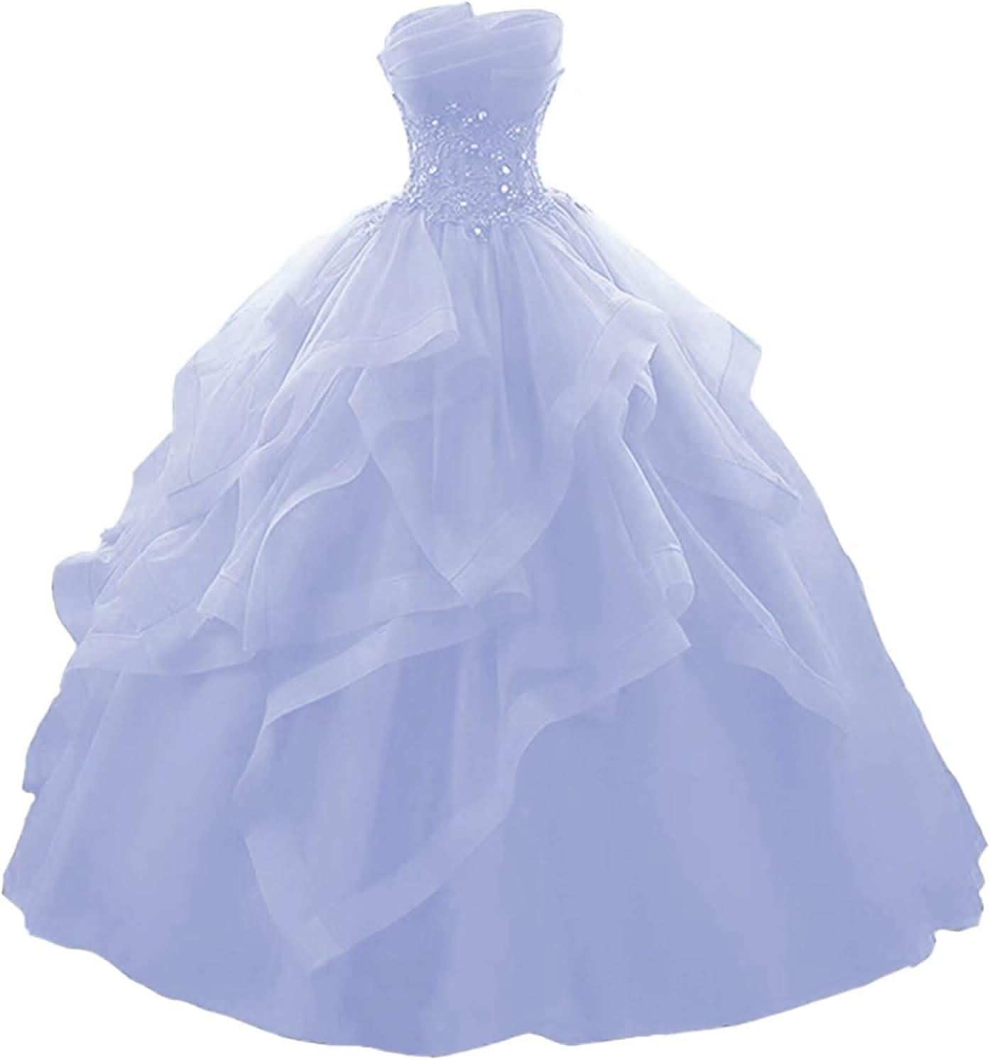 Prom Dress Long Ruffles Ball Gown Quinceanera Dresses Strapless Lace Tulle Beaded Princess Evening Dress - Bmbride