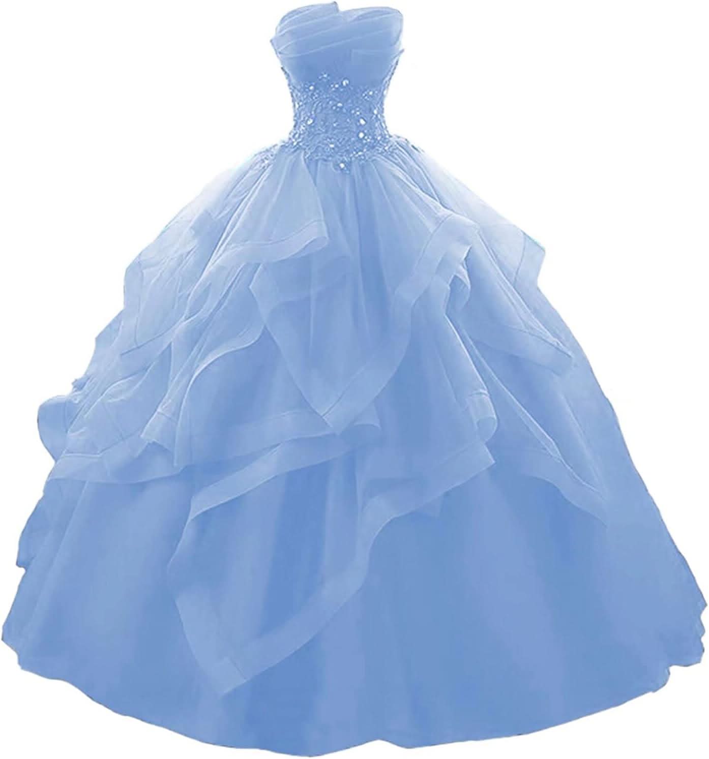Prom Dress Long Ruffles Ball Gown Quinceanera Dresses Strapless Lace Tulle Beaded Princess Evening Dress - Bmbride