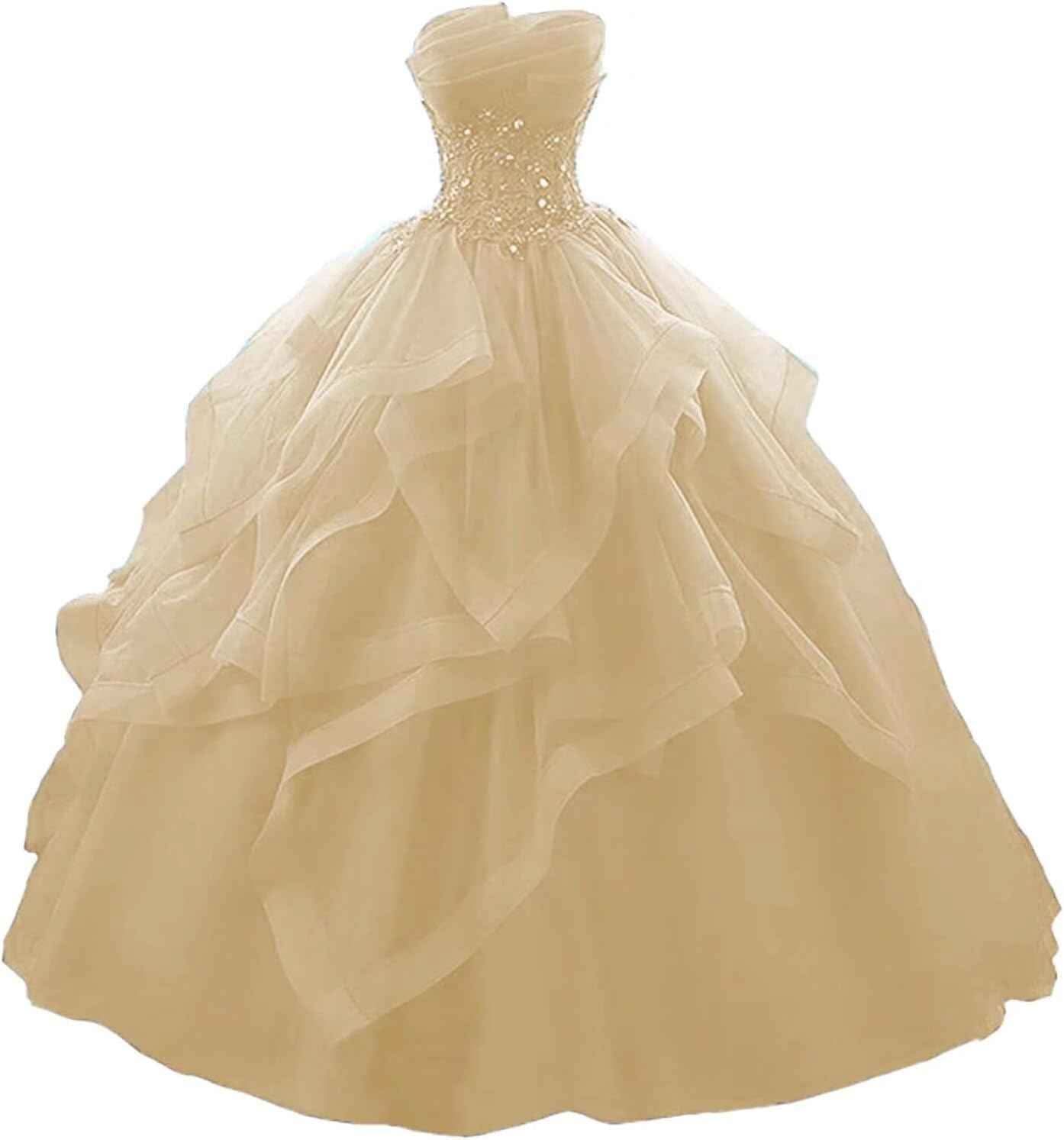 Prom Dress Long Ruffles Ball Gown Quinceanera Dresses Strapless Lace Tulle Beaded Princess Evening Dress - Bmbride