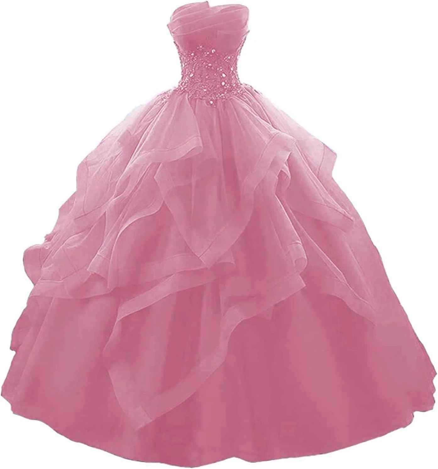 Prom Dress Long Ruffles Ball Gown Quinceanera Dresses Strapless Lace Tulle Beaded Princess Evening Dress - Bmbride