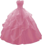 Prom Dress Long Ruffles Ball Gown Quinceanera Dresses Strapless Lace Tulle Beaded Princess Evening Dress - Bmbride