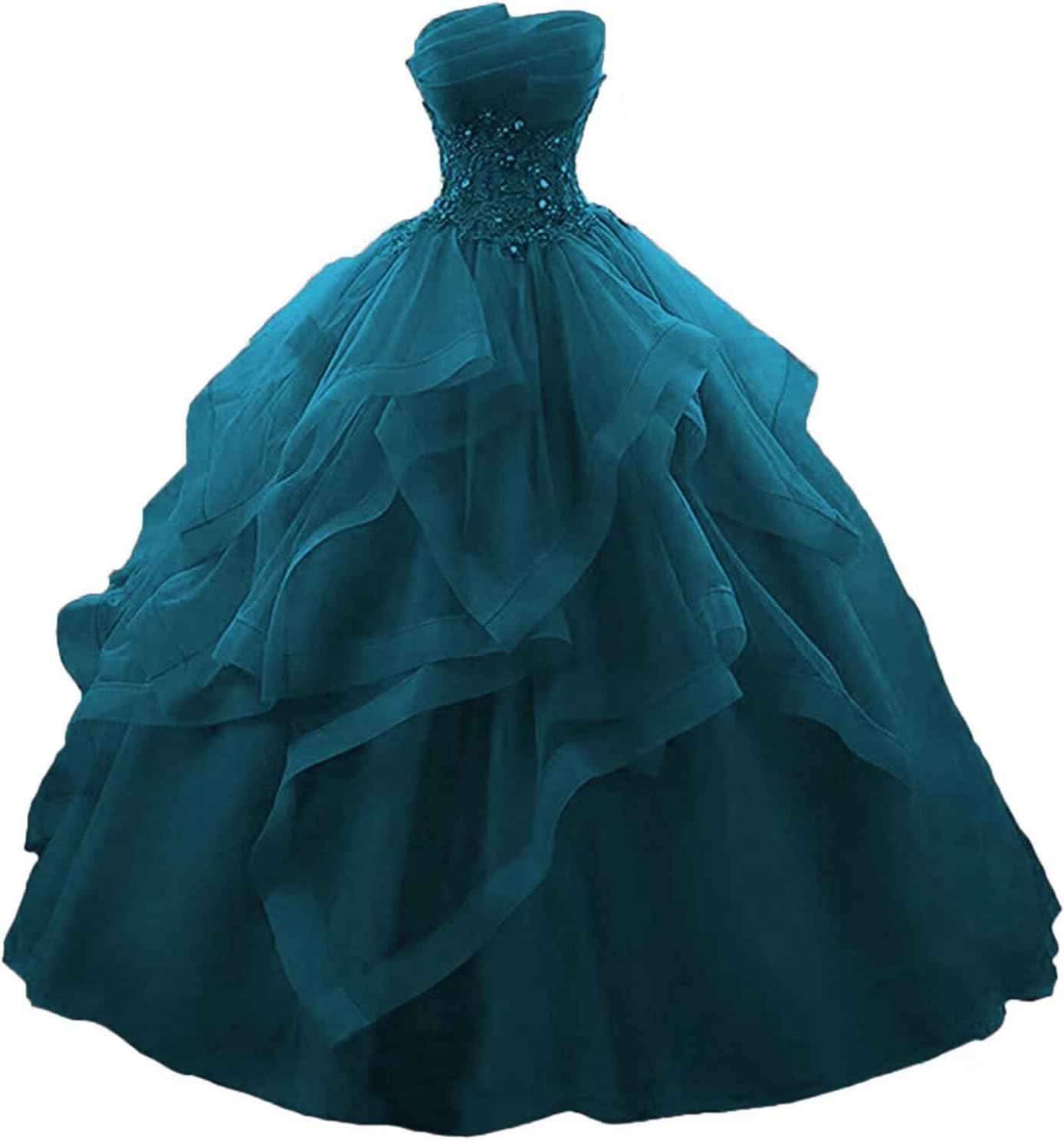 Prom Dress Long Ruffles Ball Gown Quinceanera Dresses Strapless Lace Tulle Beaded Princess Evening Dress - Bmbride