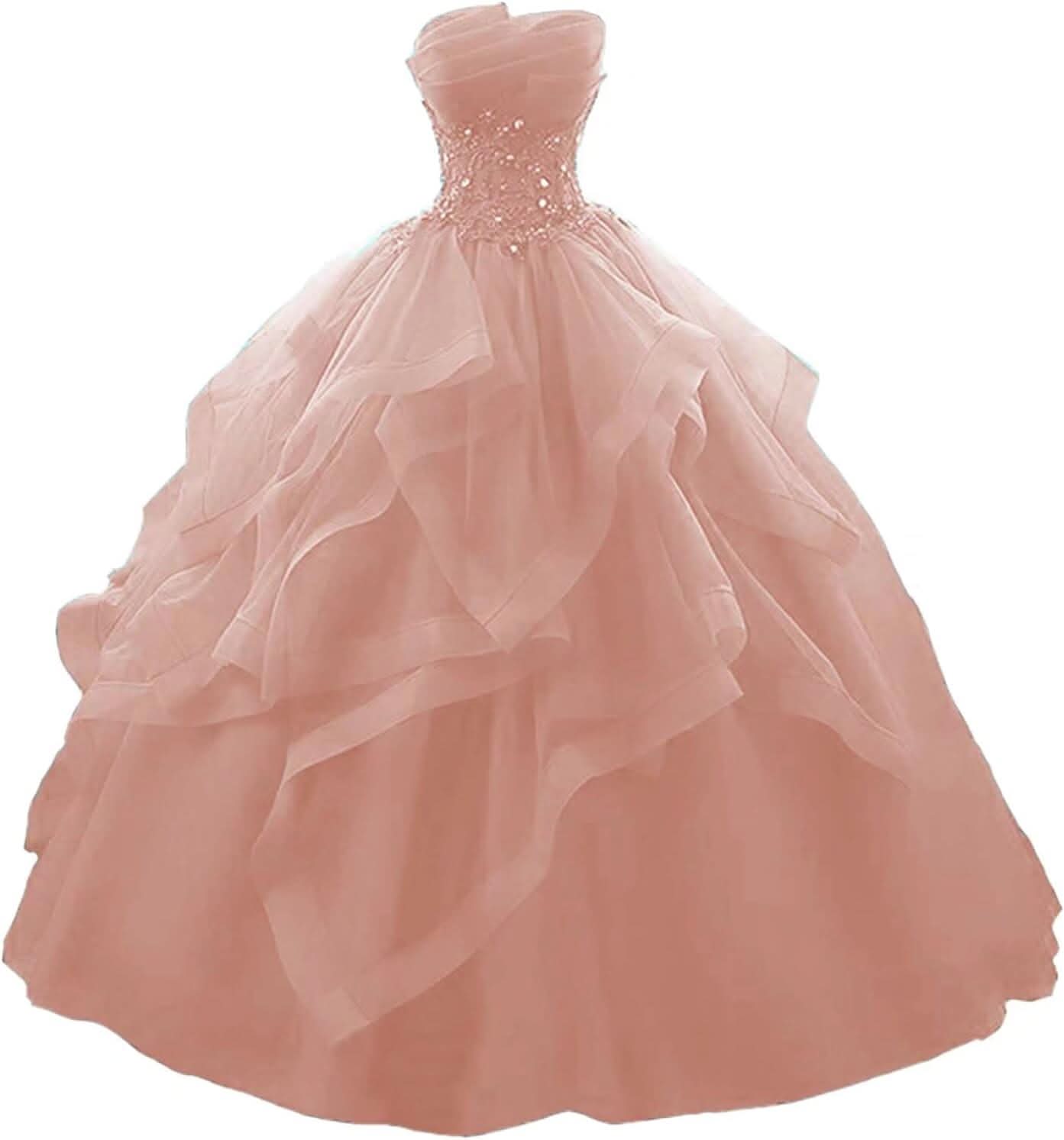 Prom Dress Long Ruffles Ball Gown Quinceanera Dresses Strapless Lace Tulle Beaded Princess Evening Dress - Bmbride