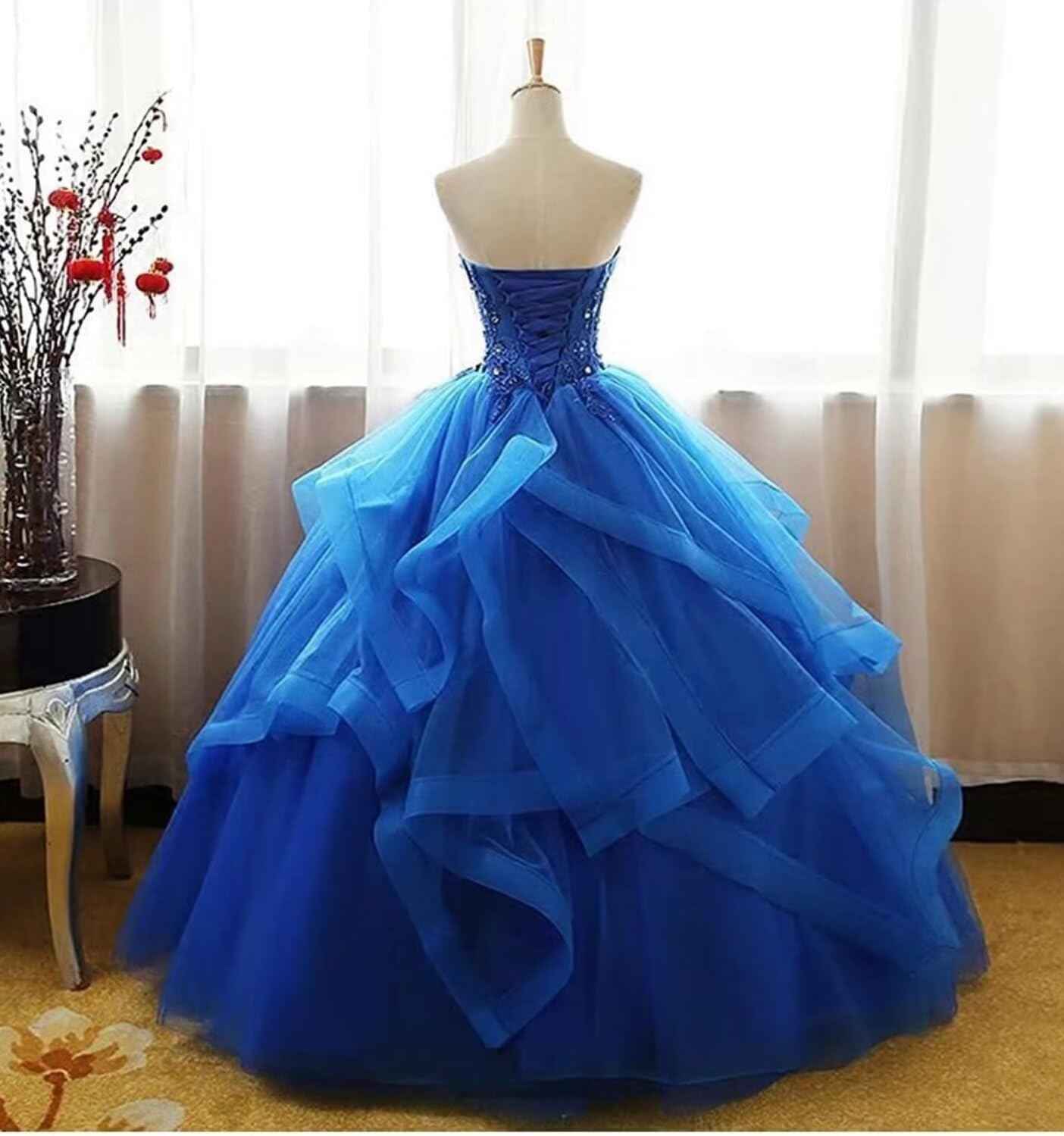 Prom Dress Long Ruffles Ball Gown Quinceanera Dresses Strapless Lace Tulle Beaded Princess Evening Dress - Bmbride