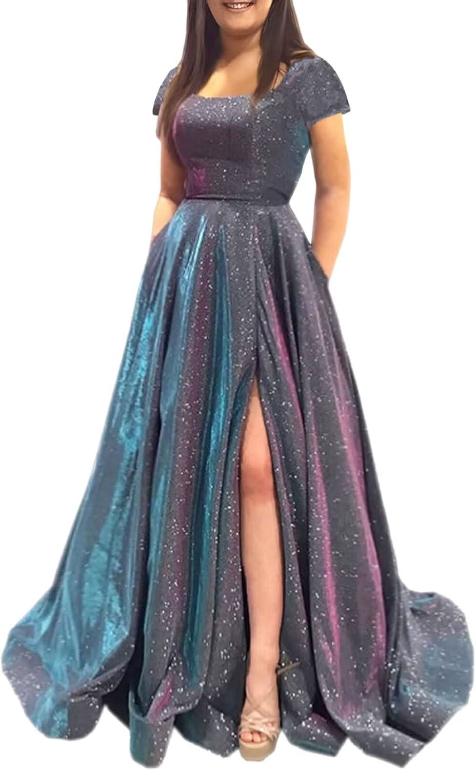 Prom Dresses Long A Line with Pockets Formal Evening Ball Gowns Side Slit Glitter Party Dress - Bmbride