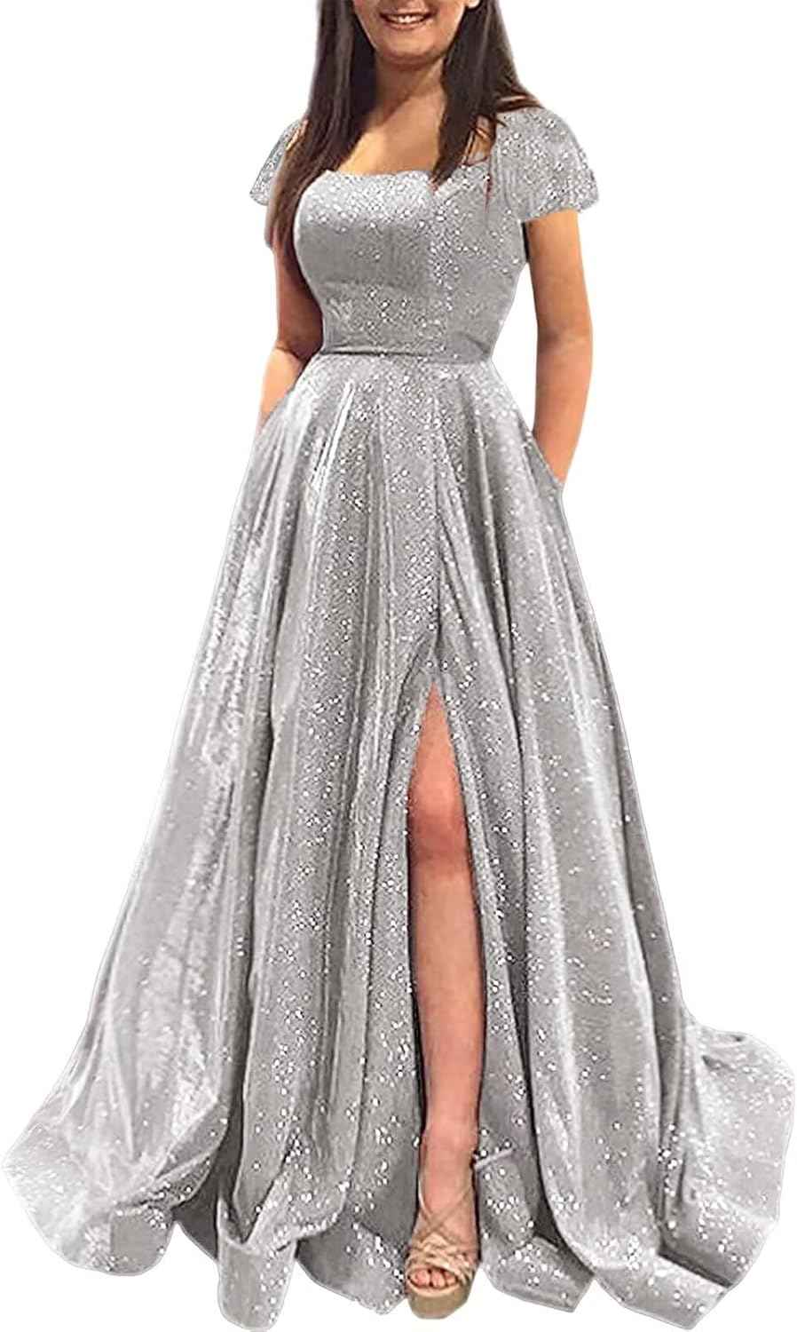 Prom Dresses Long A Line with Pockets Formal Evening Ball Gowns Side Slit Glitter Party Dress - Bmbride