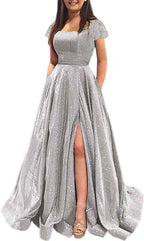 Prom Dresses Long A Line with Pockets Formal Evening Ball Gowns Side Slit Glitter Party Dress - Bmbride