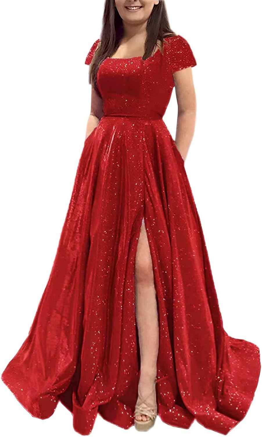 Prom Dresses Long A Line with Pockets Formal Evening Ball Gowns Side Slit Glitter Party Dress - Bmbride
