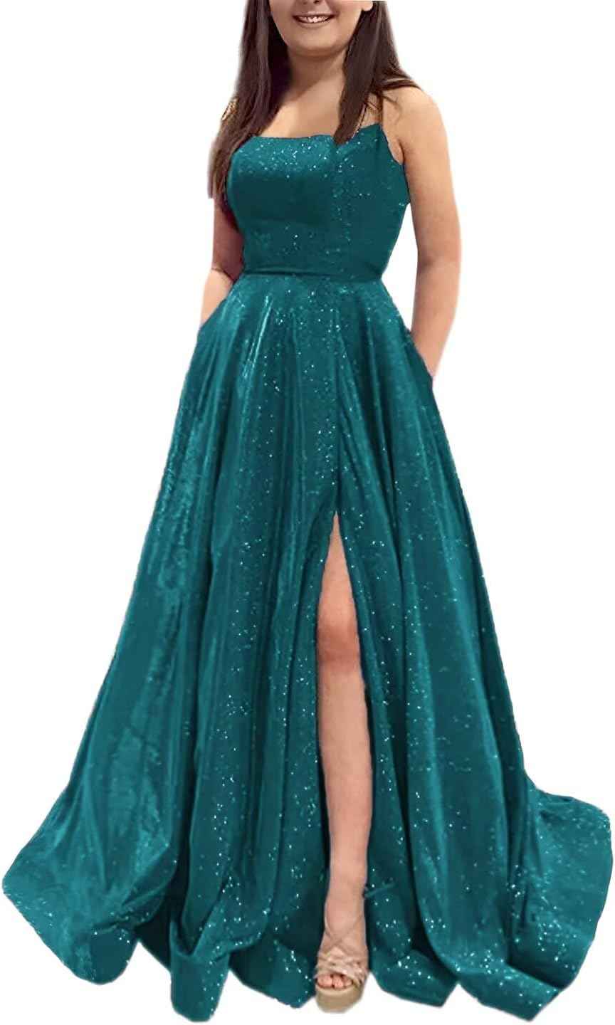 Prom Dresses Long A Line with Pockets Formal Evening Ball Gowns Side Slit Glitter Party Dress - Bmbride