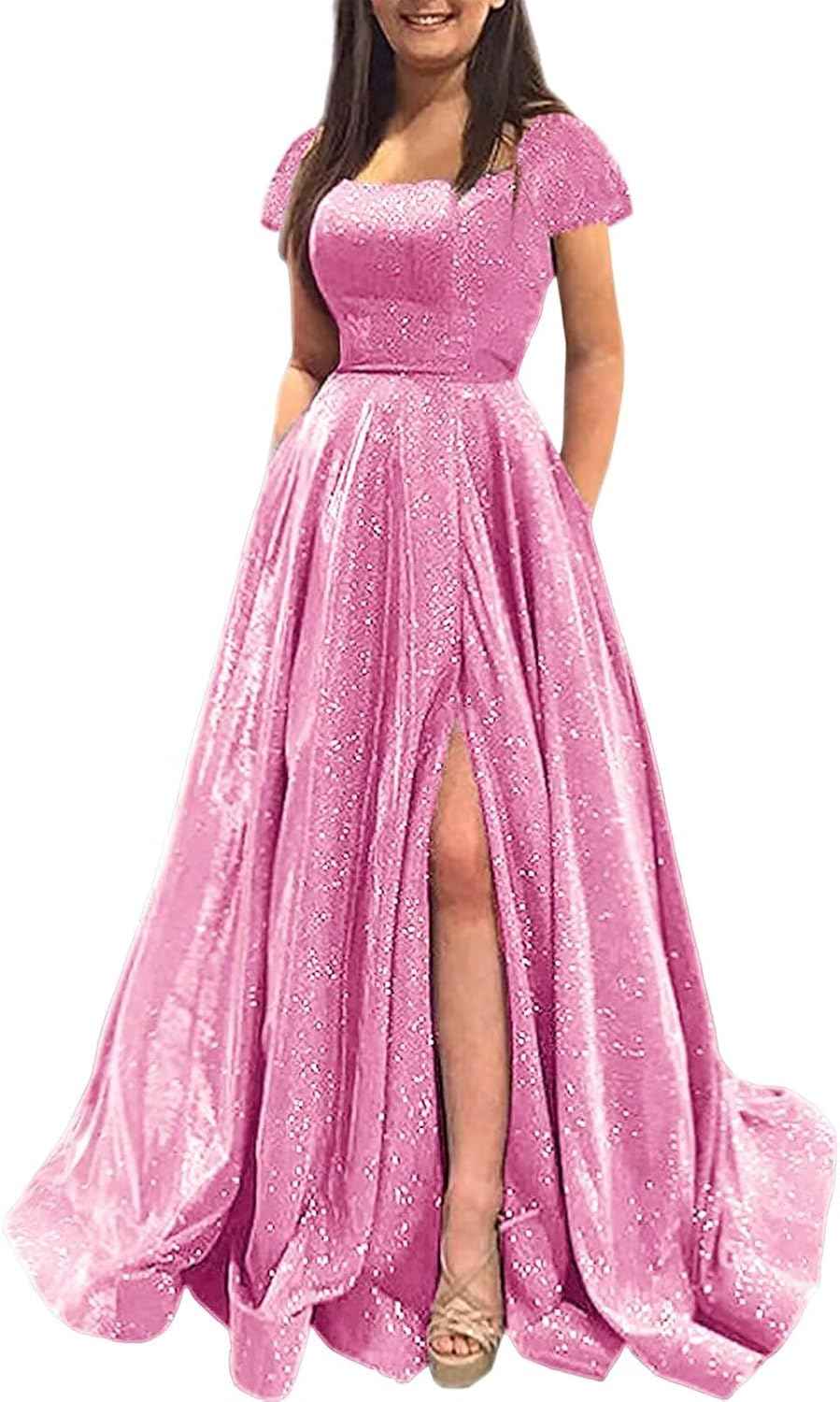 Prom Dresses Long A Line with Pockets Formal Evening Ball Gowns Side Slit Glitter Party Dress - Bmbride