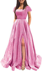 Prom Dresses Long A Line with Pockets Formal Evening Ball Gowns Side Slit Glitter Party Dress - Bmbride