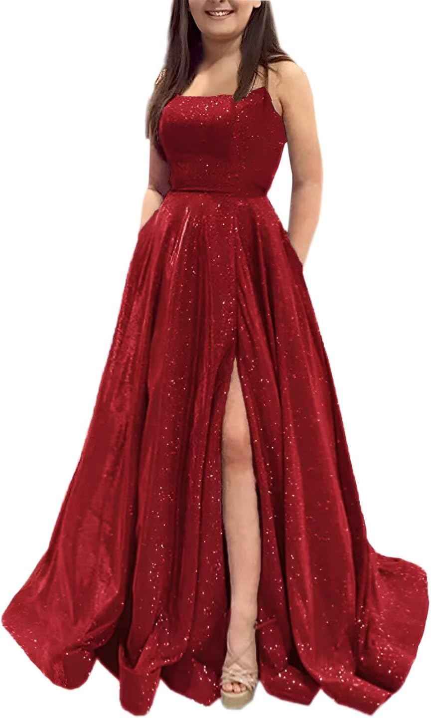 Prom Dresses Long A Line with Pockets Formal Evening Ball Gowns Side Slit Glitter Party Dress - Bmbride