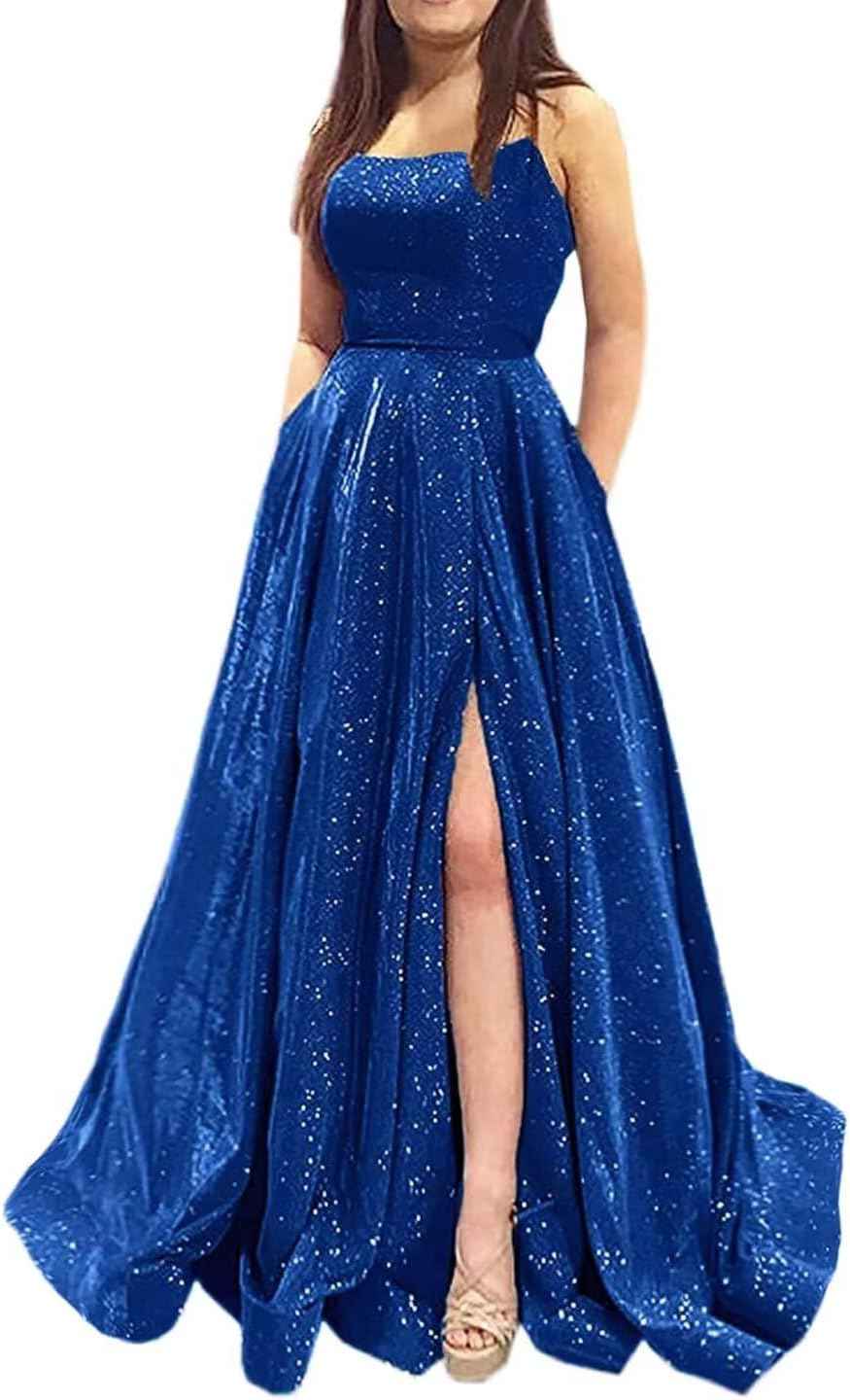 Prom Dresses Long A Line with Pockets Formal Evening Ball Gowns Side Slit Glitter Party Dress - Bmbride