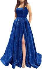 Prom Dresses Long A Line with Pockets Formal Evening Ball Gowns Side Slit Glitter Party Dress - Bmbride