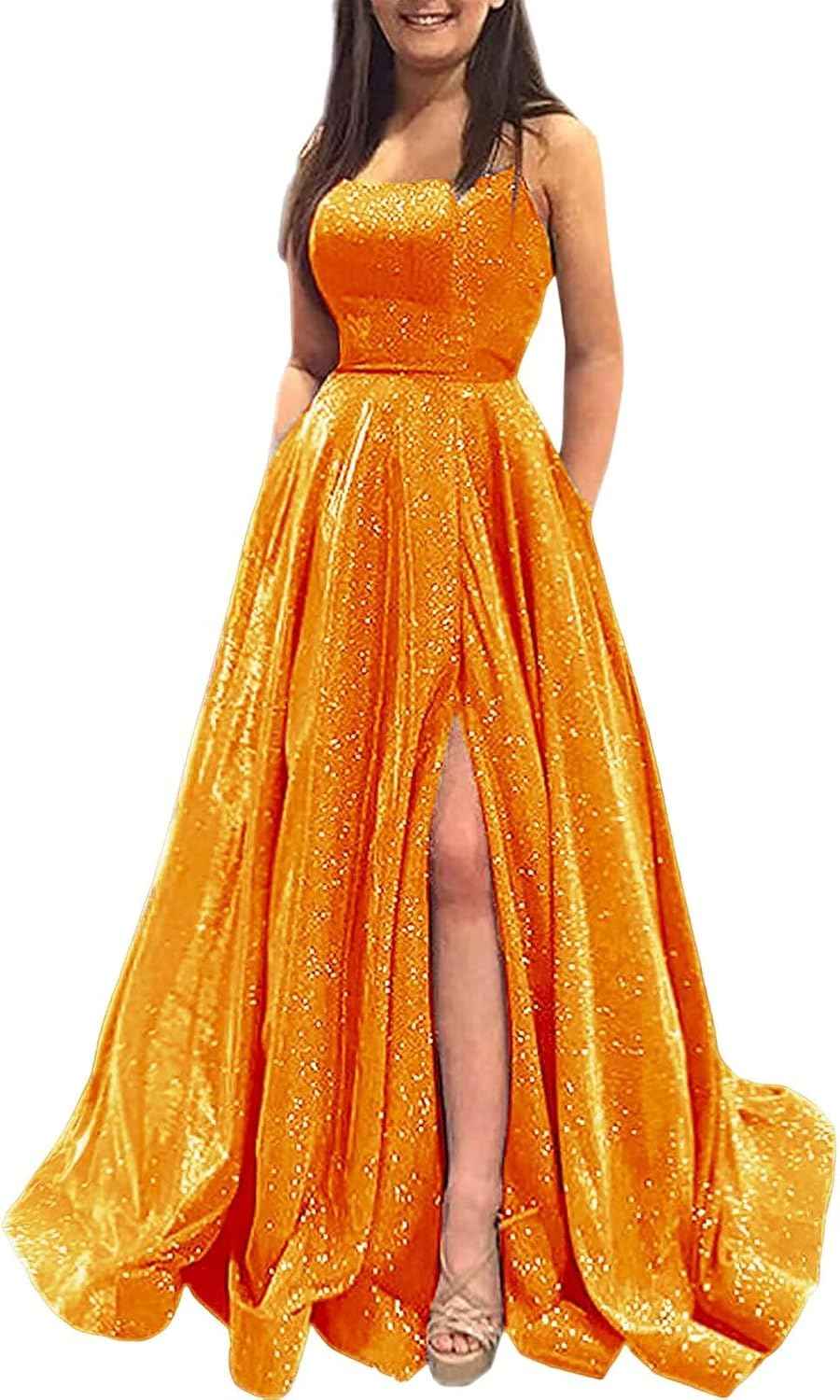 Prom Dresses Long A Line with Pockets Formal Evening Ball Gowns Side Slit Glitter Party Dress - Bmbride