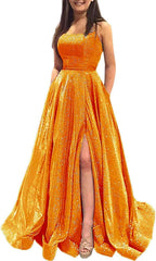 Prom Dresses Long A Line with Pockets Formal Evening Ball Gowns Side Slit Glitter Party Dress - Bmbride