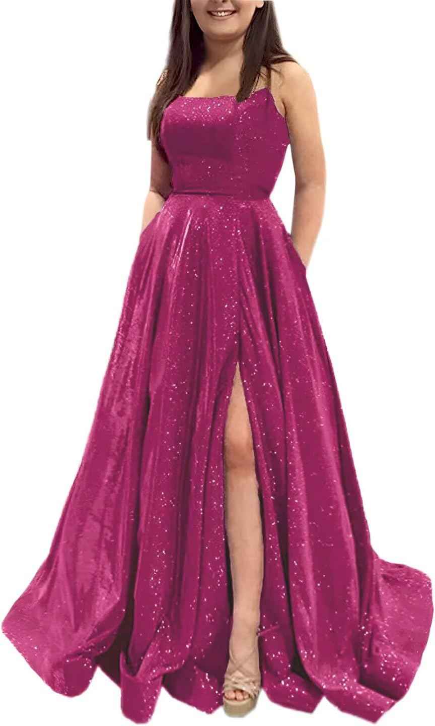 Prom Dresses Long A Line with Pockets Formal Evening Ball Gowns Side Slit Glitter Party Dress - Bmbride