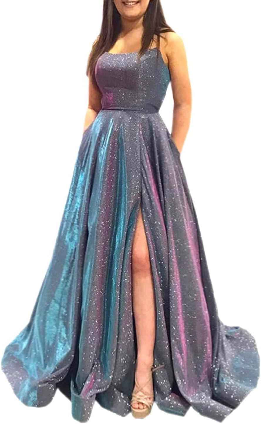 Prom Dresses Long A Line with Pockets Formal Evening Ball Gowns Side Slit Glitter Party Dress - Bmbride