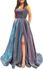 Prom Dresses Long A Line with Pockets Formal Evening Ball Gowns Side Slit Glitter Party Dress - Bmbride